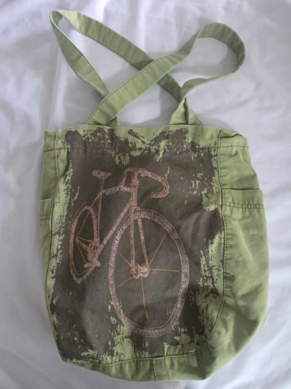 Olive Green Bicycle Tote Bag Cotton Outside Side Pockets Casual Grunge Storable